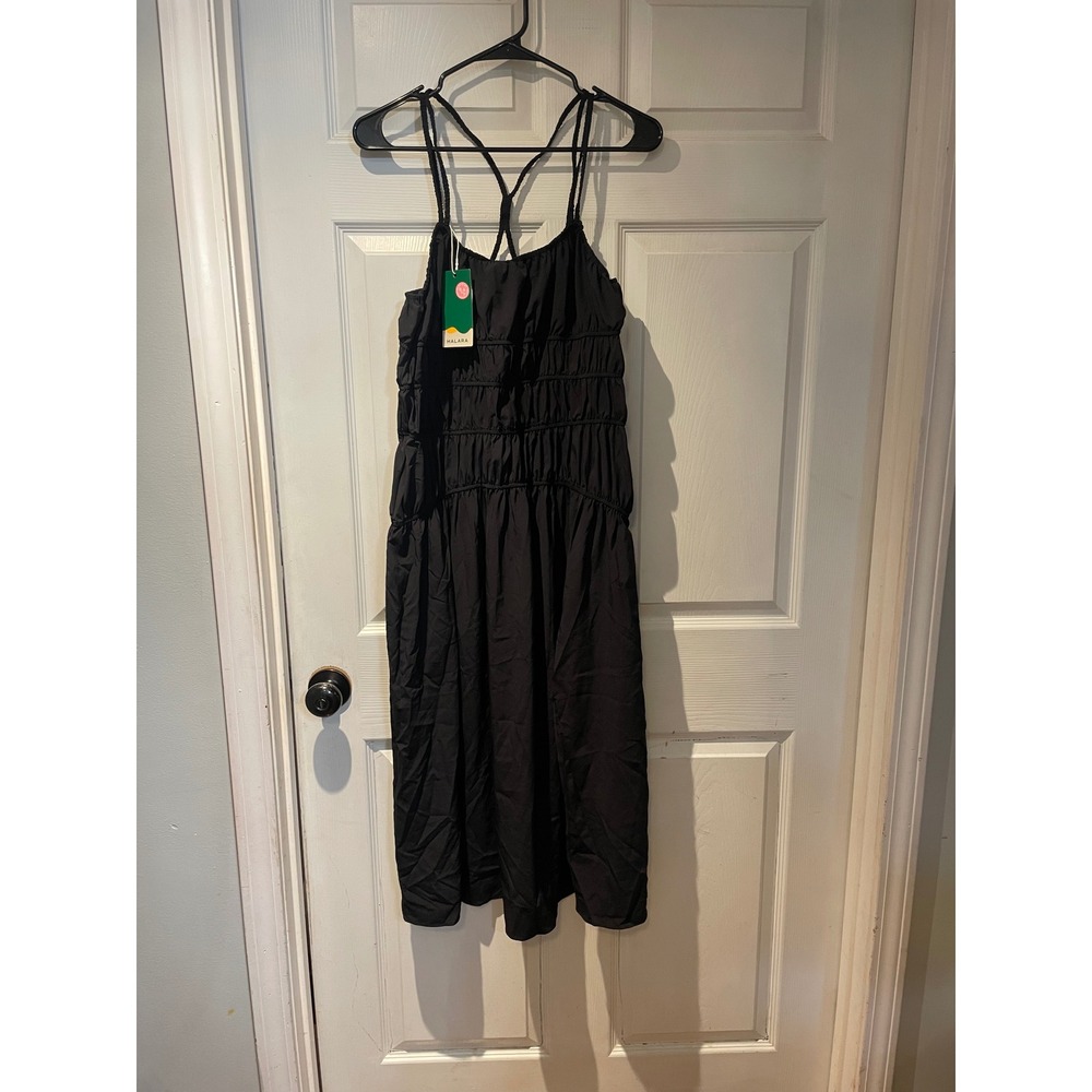Halara Black Smocked Midi Dress Adjustable Straps Side Slit NWT Size M